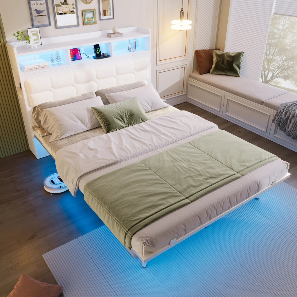 Letto matrimoniale 140 × 190 cm con LED, USB e Type-C, 2 comodini estraibili, senza materasso, in metallo, bianco