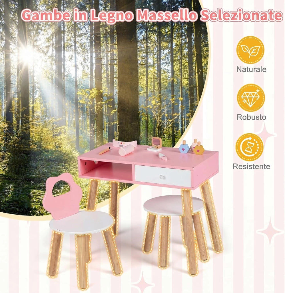 2 in 1 Set Tavolo Manicure per Bambini per Cameretta | Set Toeletta per Bambini con 2 Sedie in Legno con Cassetto e Scomparto, Postazione Trucco per Gioco e Studio, 61 x 35 x 51 cm