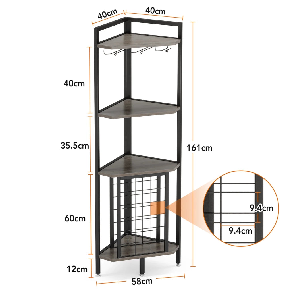 Scaffale angolare portabottiglie freestanding a 4 livelli con portabicchieri, MDF e metallo grigio