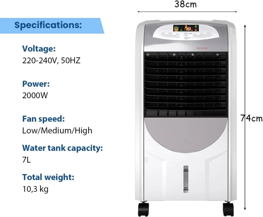 Ventilatore 5 in 1, Ventilatore, Riscaldatore, Purificatore d'Aria, Umidificatore & Raffrescatore, 3 Velocità, Serbatoio Acqua 7L, Timer 8H, Telecomando, per Salone, Camera da Letto, Ufficio