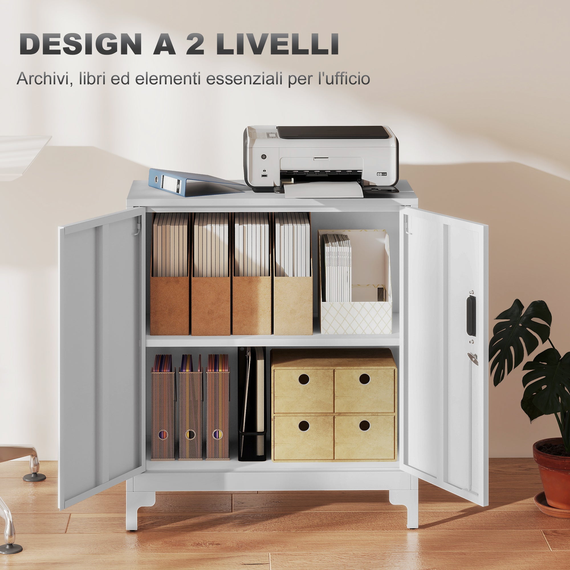 Armadietto Portadocumenti 80x35x91 cm con 2 Ante e Chiavi in Metallo Bianco