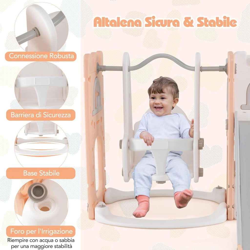 7 in 1 Parco Giochi per Bambini, Set di Scivolo e Altalena per Bambini con Canestro da Basket e Telescopio, 142 x 165 x 92 cm, 1-3 Anni (Rosa)