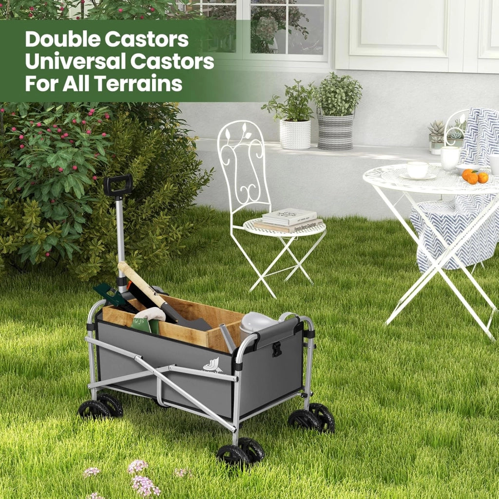 Carrello con Ruote, Carrello Pieghevole con 4 Ruote Doppie, per Spiaggia, Giardino, Campeggio, Viaggio, Oxford+Metallo, Grigio Scuro
