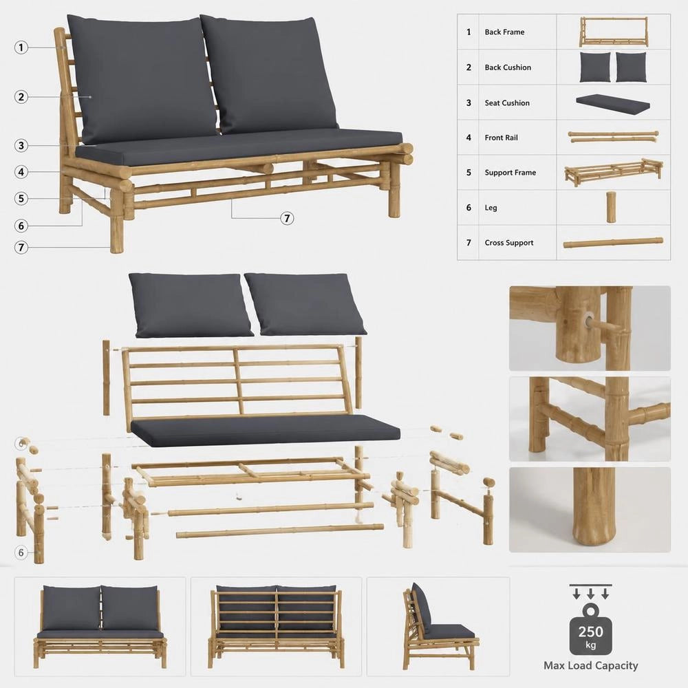 Garden Bench With Dark Grey Cushions, Bamboo