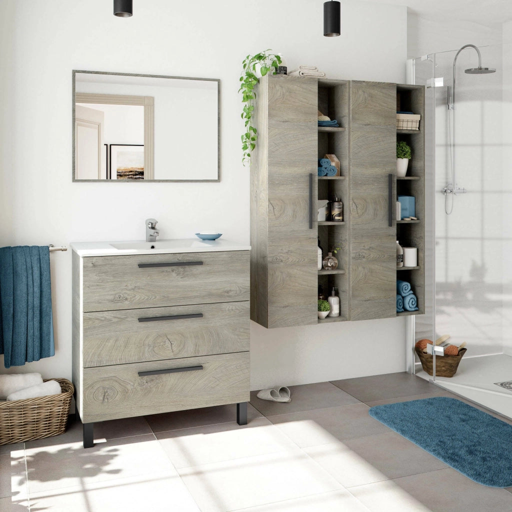 Colonna Bagno Achisa, Mobile a colonna per bagno a 1 anta, Armadio pensile sospeso con 5 ripiani, cm 51x25h135, Rovere