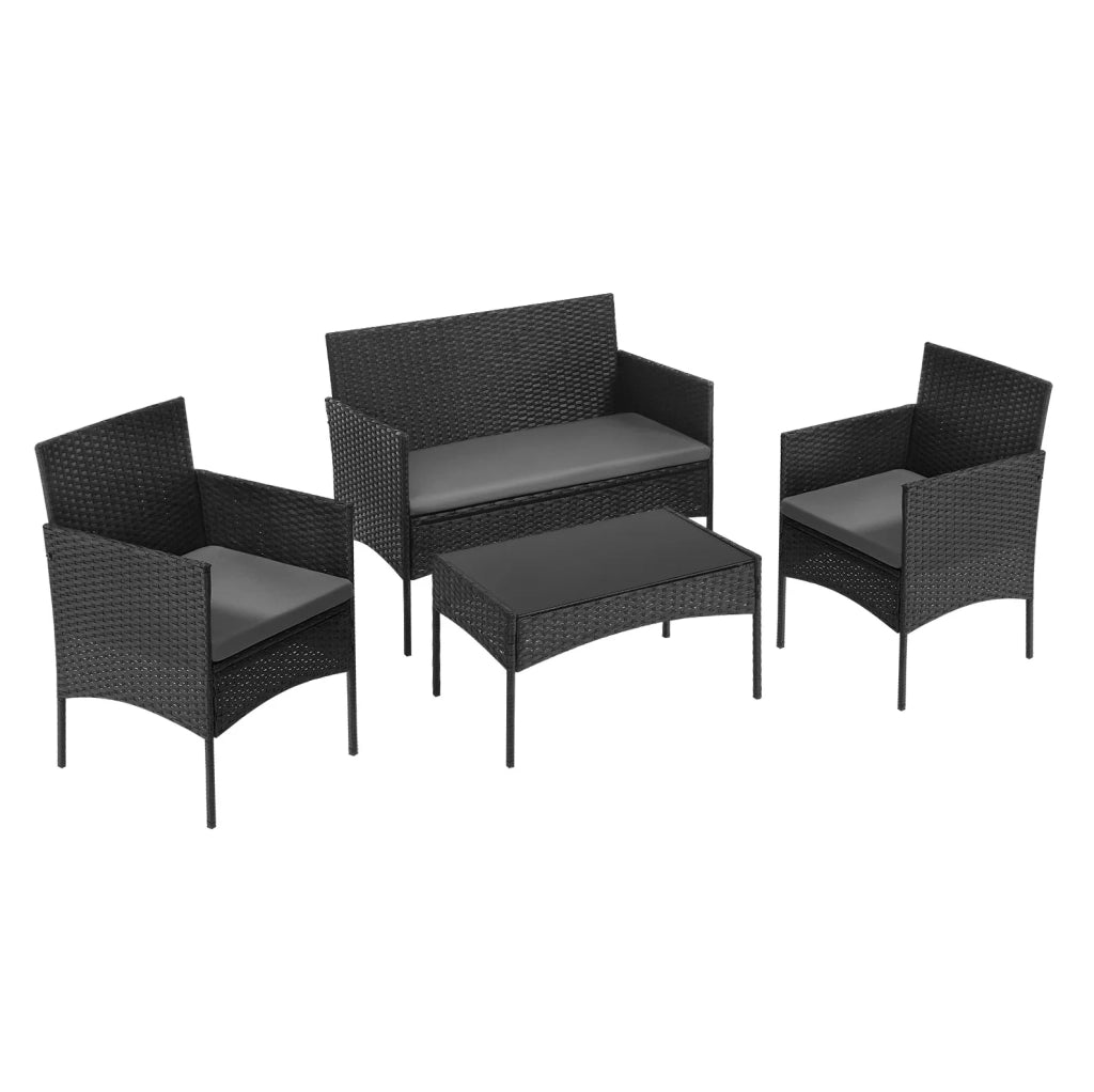 Set da giardino ULEVR 4 pezzi per 4 persone con divano 2 posti, 2 poltrone e tavolino con vetro temperato, nero