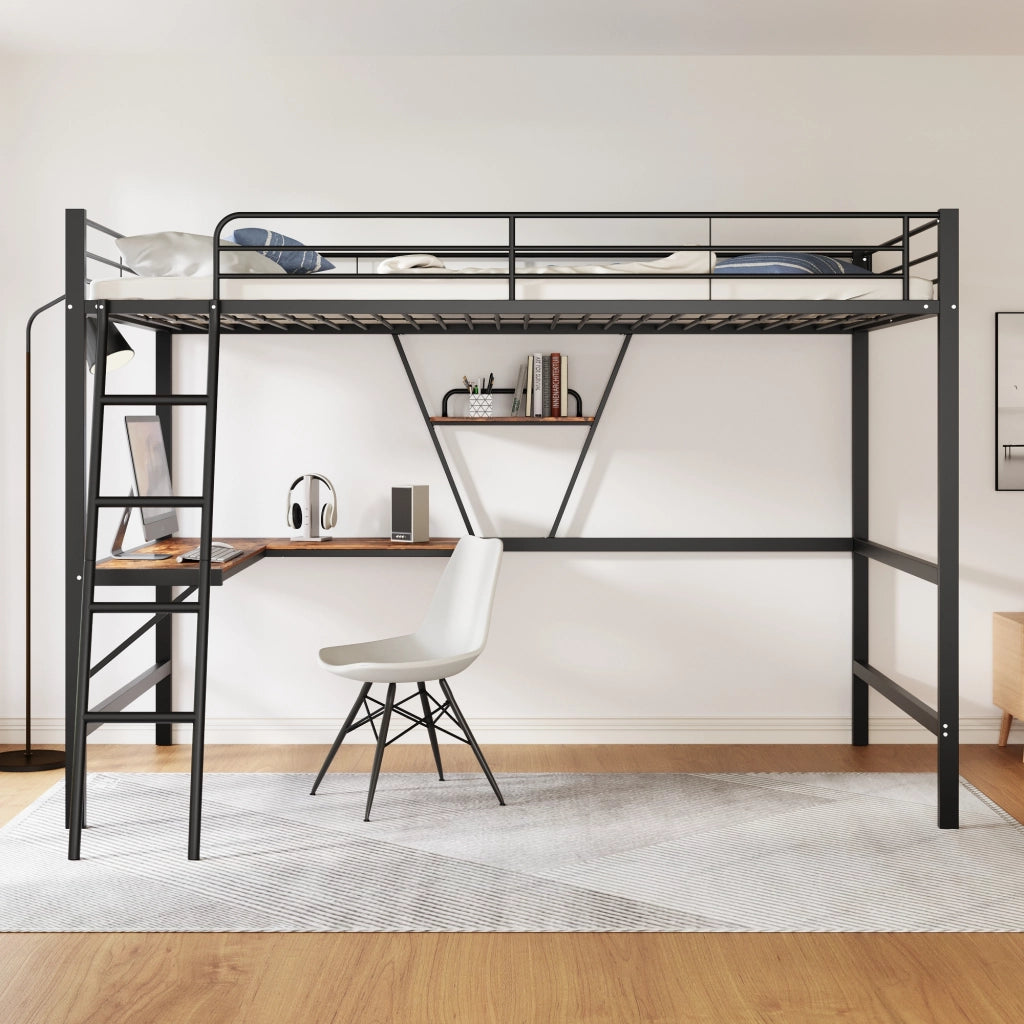 Letto a castello metallo nero con scrivania a l e ripiano 90x200 cm