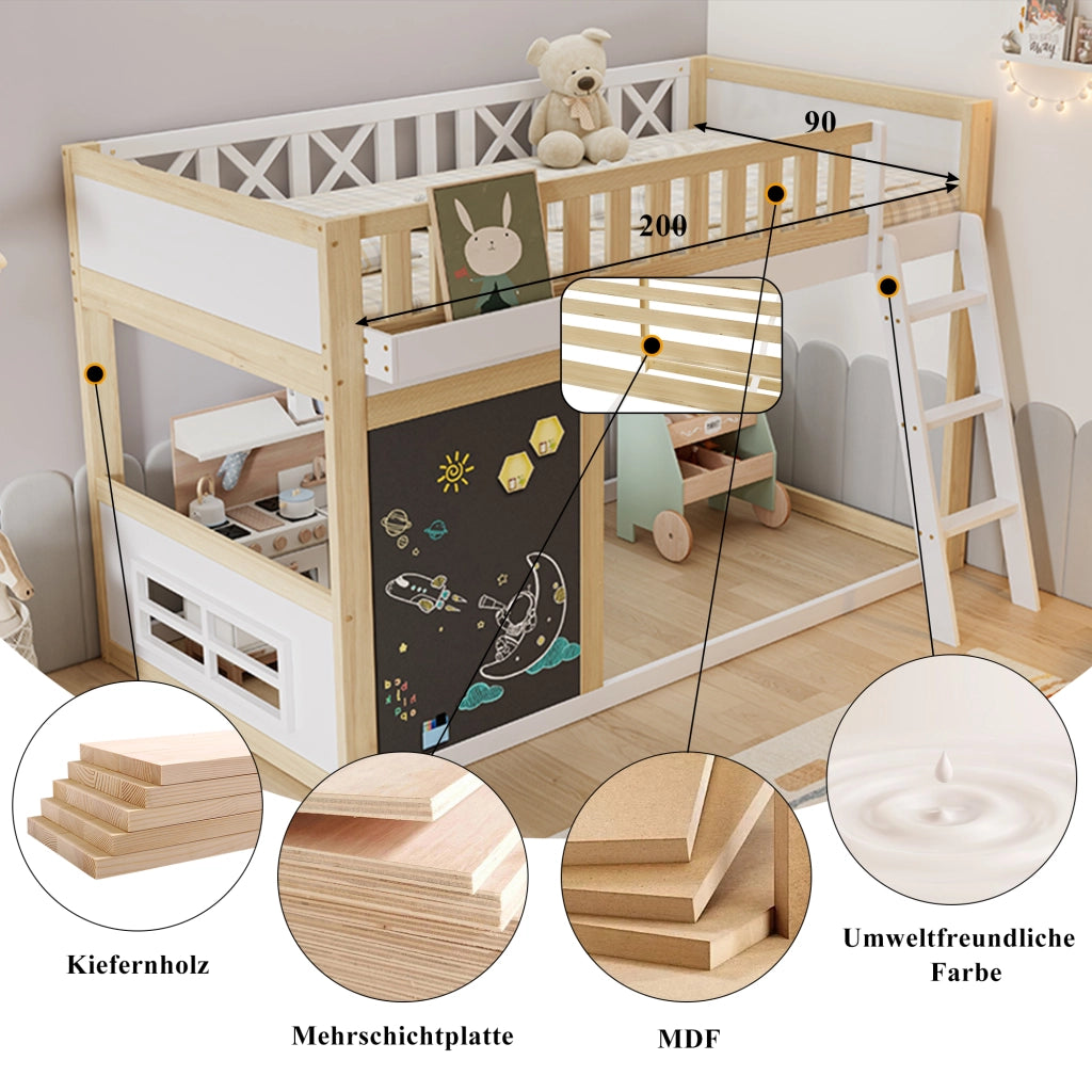 Letto a castello bianco e naturale in pino e MDF con lavagna scatola portaoggetti 90x200cm