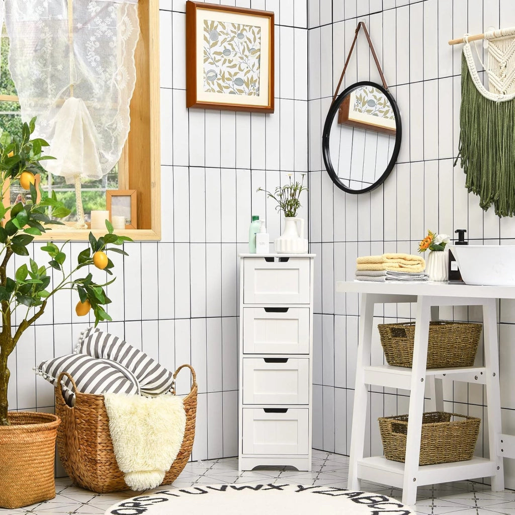 Mobile da Bagno con 4 Cassetti, Mobile Autoportante da Terra per Bagno, Mobiletto Multiuso da Soggiorno Cucina Camera da Letto Ufficio, Stile Moderno, Bianco, 30 x 30 x 83 cm