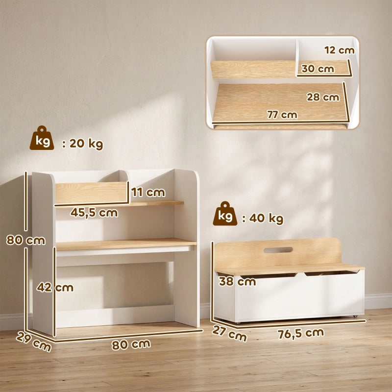 TAVOLO bambini 5 in 1 con libreria e panca rollabile bianco