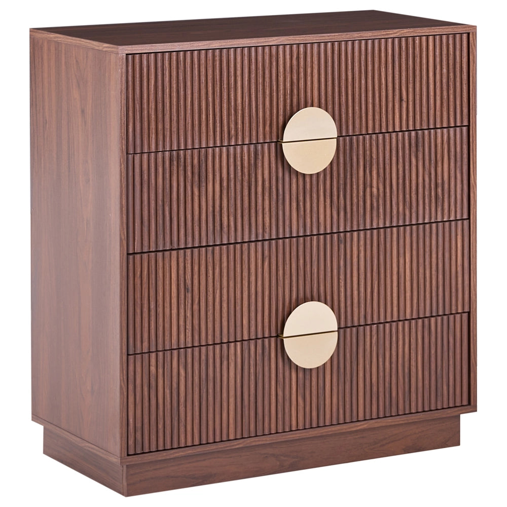 Comodino a 4 cassetti in MDF con frontale a doghe e maniglie in metallo Salotto camera da letto contenitori moderni