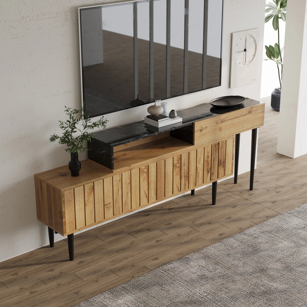 OKWISH Mobile TV con Ripiani, Bordi in PVC e Gambe in Ferro, Finitura Effetto Marmo e Legno, MDF, Legno Naturale