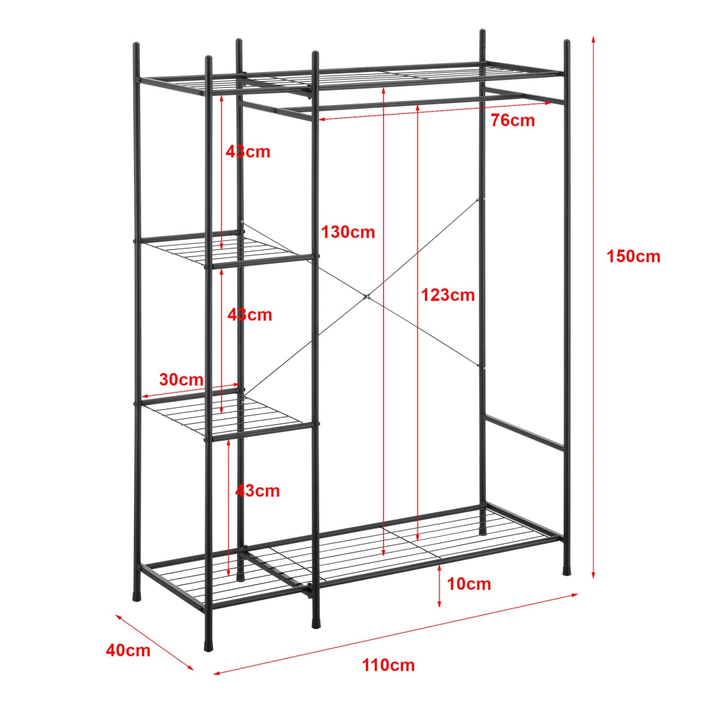 Organizzatore Guardaroba, Scaffalatura con Asta Appendiabiti e 4 Ripiani, Cabina Armadio Senza Ante (AxLaxP) 150 x 110 x 40 cm - Nero, Metallo