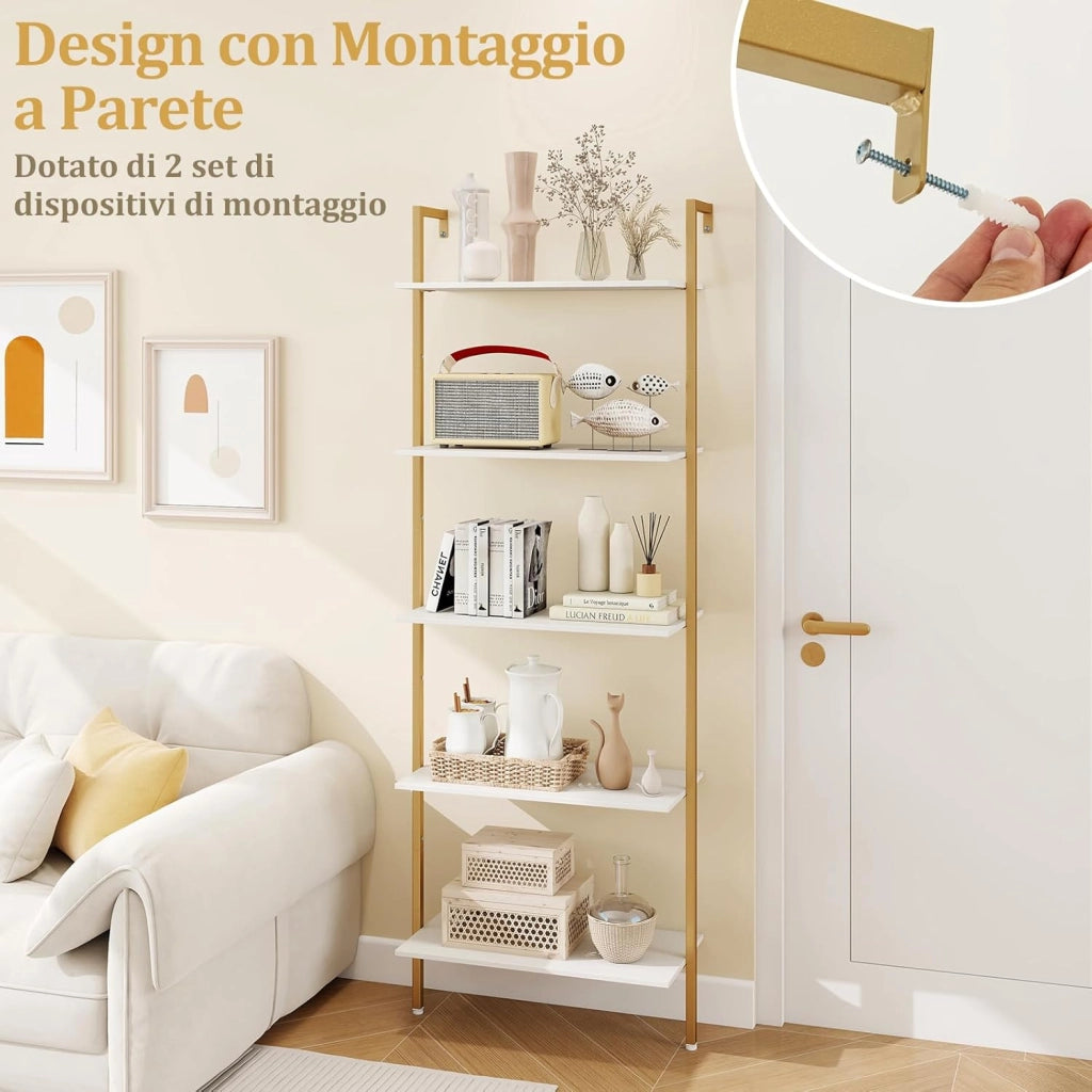 Scaffale a Scala a 5 Ripiani, Libreria da Parete Salvaspazio in Legno Moderno, Scaffale Portaoggetti per Soggiorno, Studio e Camera da Letto, 64 × 30 × 178 cm, Bianco