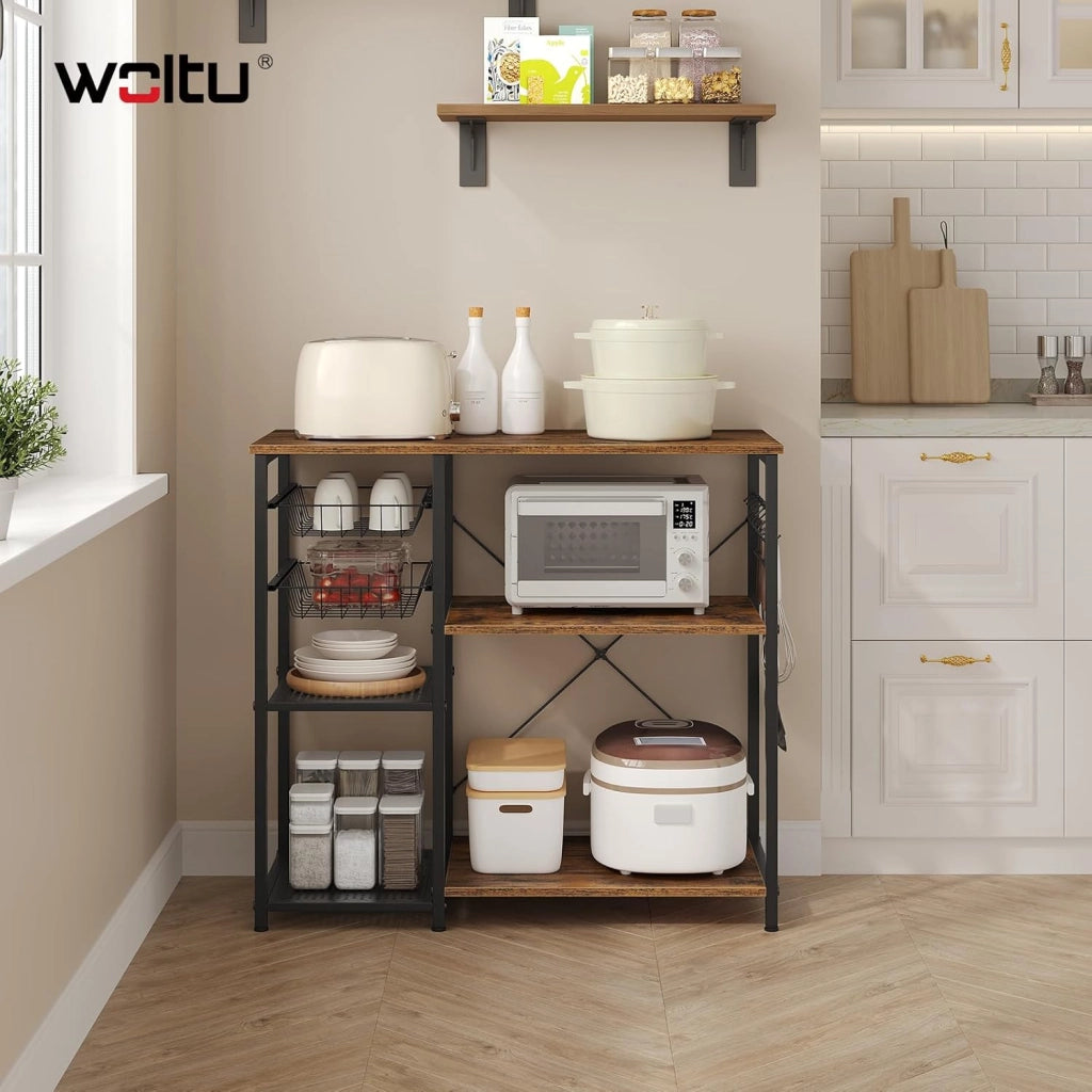 Scaffale da Cucina con 2 Cestelli Estraibili, Supporto per Microonde con 2 Ripiani in Rete Metallica, Scaffalatura Portaoggetti con 5 Ganci, 90x40x82 cm, Marrone Rustico + Nero