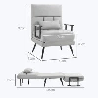 Poltrona Letto 3 in 1 con Cuscino Incluso, in Acciaio e Poliestere, 71x71x97 cm, Grigio Chiaro