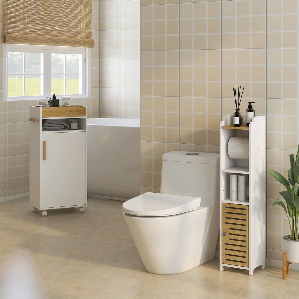 Armadietto da Bagno con Ripiani Regolabili e Ruote ¨C Zephmum ¨C Bianco e Rovere 40x30x88 cm