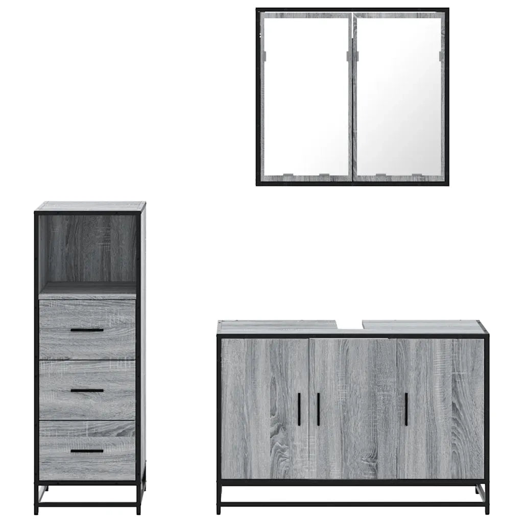 Set Mobili da Bagno 3 pz Grigio Sonoma in Legno Multistrato