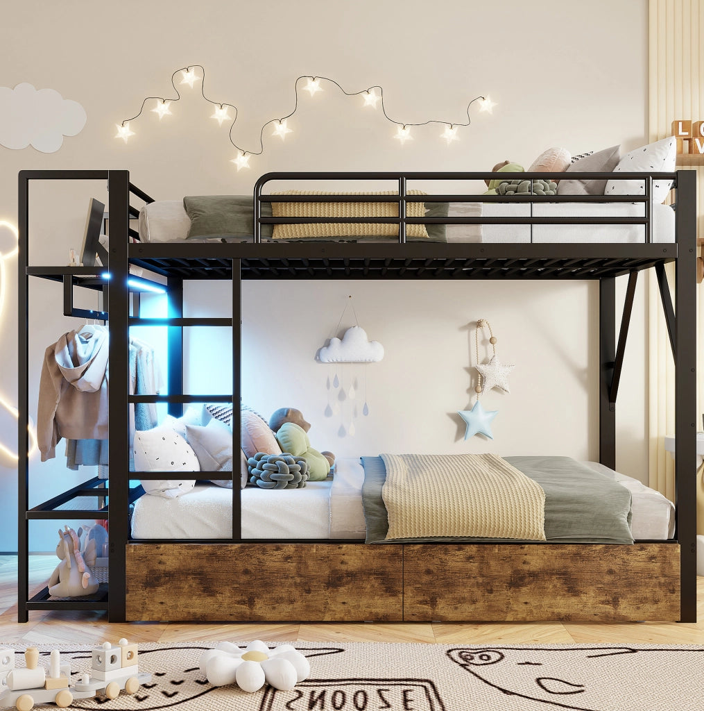 Letto a castello 140 x 200 cm nero in metallo e MDF con LED, cassetti e ripiani