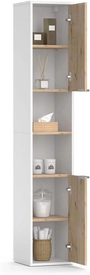 Armadio per il bagno Henri, Bianco, 30 x 165 cm con ante e vani a giorno, per il montaggio sotto il lavandino con ritaglio per sifone