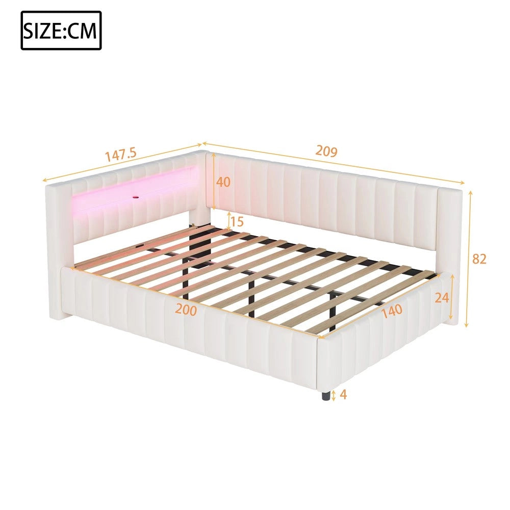 Letto imbottito con LED ¨C Minimal ¨C velluto beige 140x200 cm