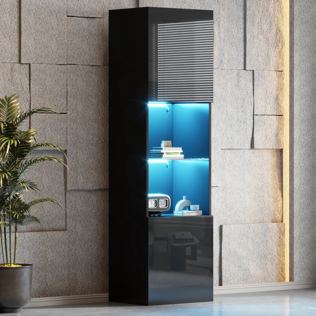 Vetrina Nera Lucida con LED e Ripiano in Vetro 45x35x160 cm