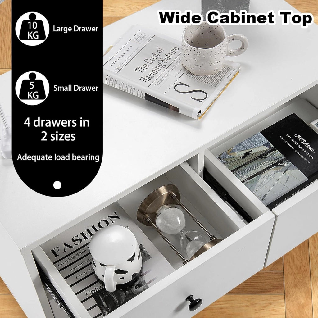 Cassettiera in Legno con 4 Cassetti in 2 Misure Armadio Basso Cassettiera Cassettiera per Soggiorno, Camera da Letto Ufficio, 80 x 39,5 x 77 cm, Bianco
