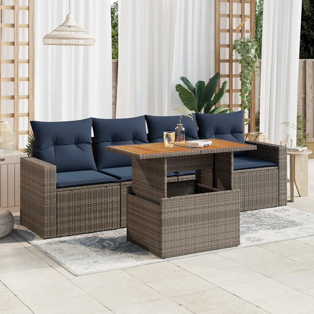 Set Divano da Giardino 5 pz con Cuscini Grigio in Polyrattan
