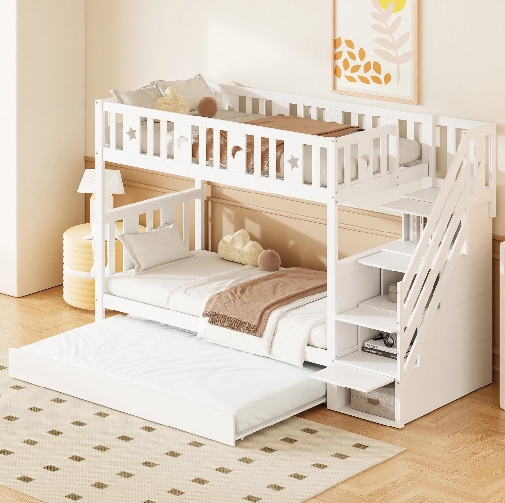 Letto a castello per bambini con letto estraibile e gradini contenitivi bianco