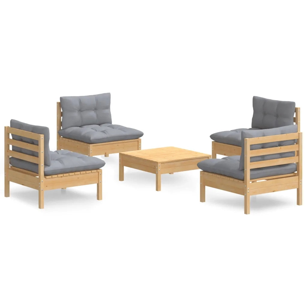 Set Divani da Giardino 5 pz con Cuscini Grigi Massello di Pino cod mxl 38633