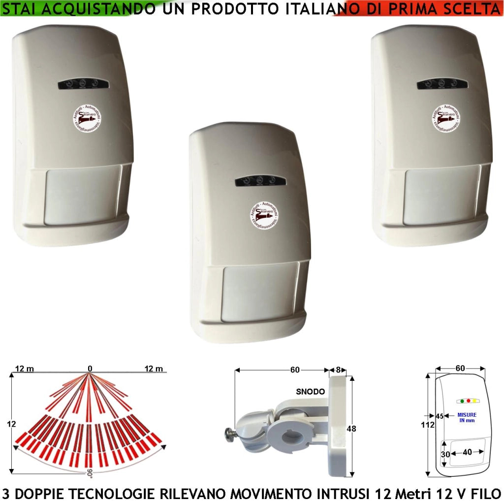 Rileva Movimento 3 Doppia Tecnologia Grandangolo Per Allarme Portata 12 MT da Interno Rileva Intruso Entro 90 Gradi Alimen. 12 V Assorb. 40 mA Infrarosso Lente 25 Fasci su 4 Piani Bianco Snodo ABS