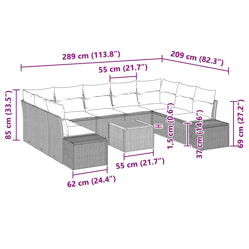 Set Divano da Giardino con cuscino 10 pcs Nero polyrattan 3347999
