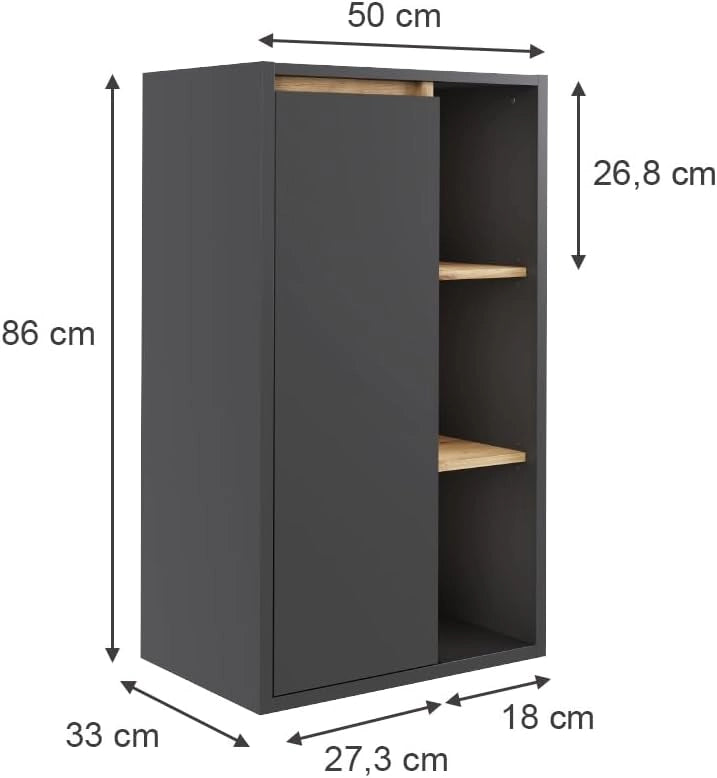 Mobiletto midi Viola, Grigio/Artisan, 50 x 86 cm con ripiani aperti, adatto per montaggio a parete e combinabile con la serie Viola
