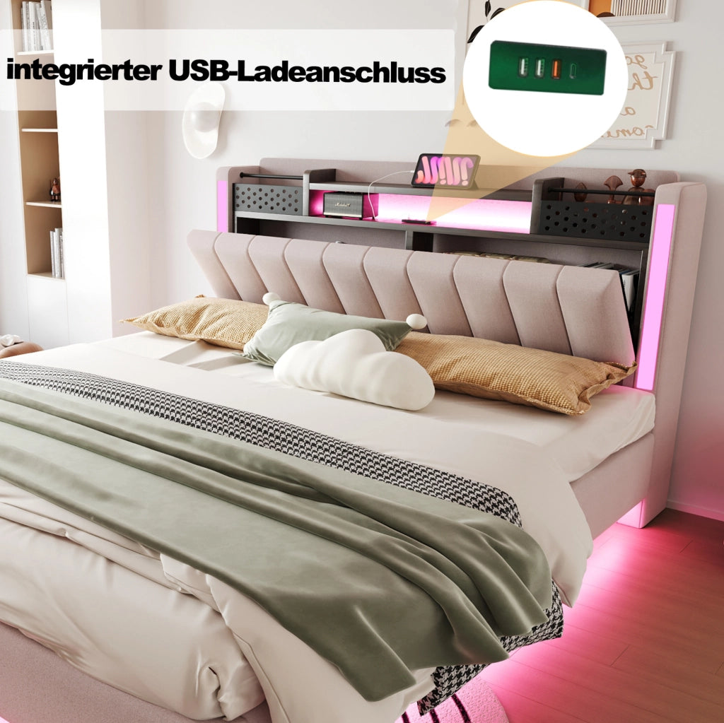 Letto matrimoniale imbottito 160x200 cm con USB; luci LED; testiera con vano contenitore; beige