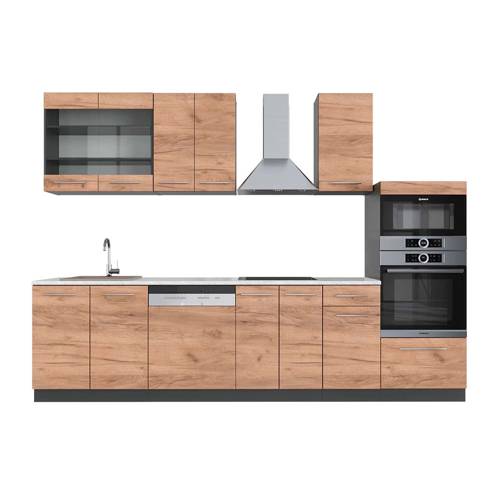 Cucina componibile Fame-Line Rovere dorato/Antracite 300 cm con armadio alto, PL Marmo Vicco