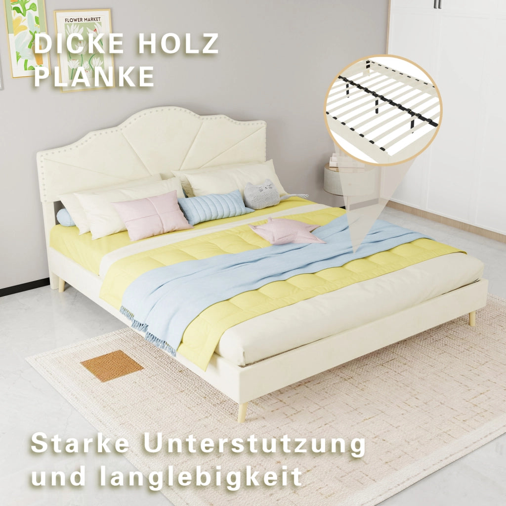 Letto imbottito con testiera geometrica 160 x 200 cm; rivestimento beige