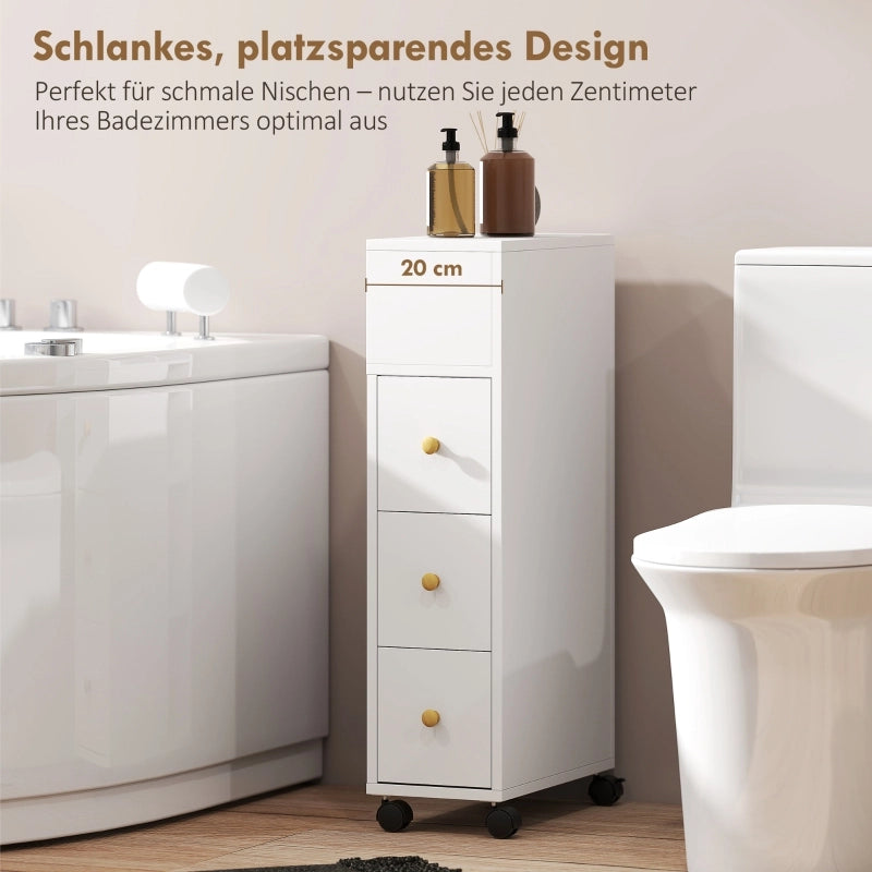 Mobile bagno salvaspazio con ruote, 3 cassetti e 5 vani aperti, 20x40x80 cm bianco