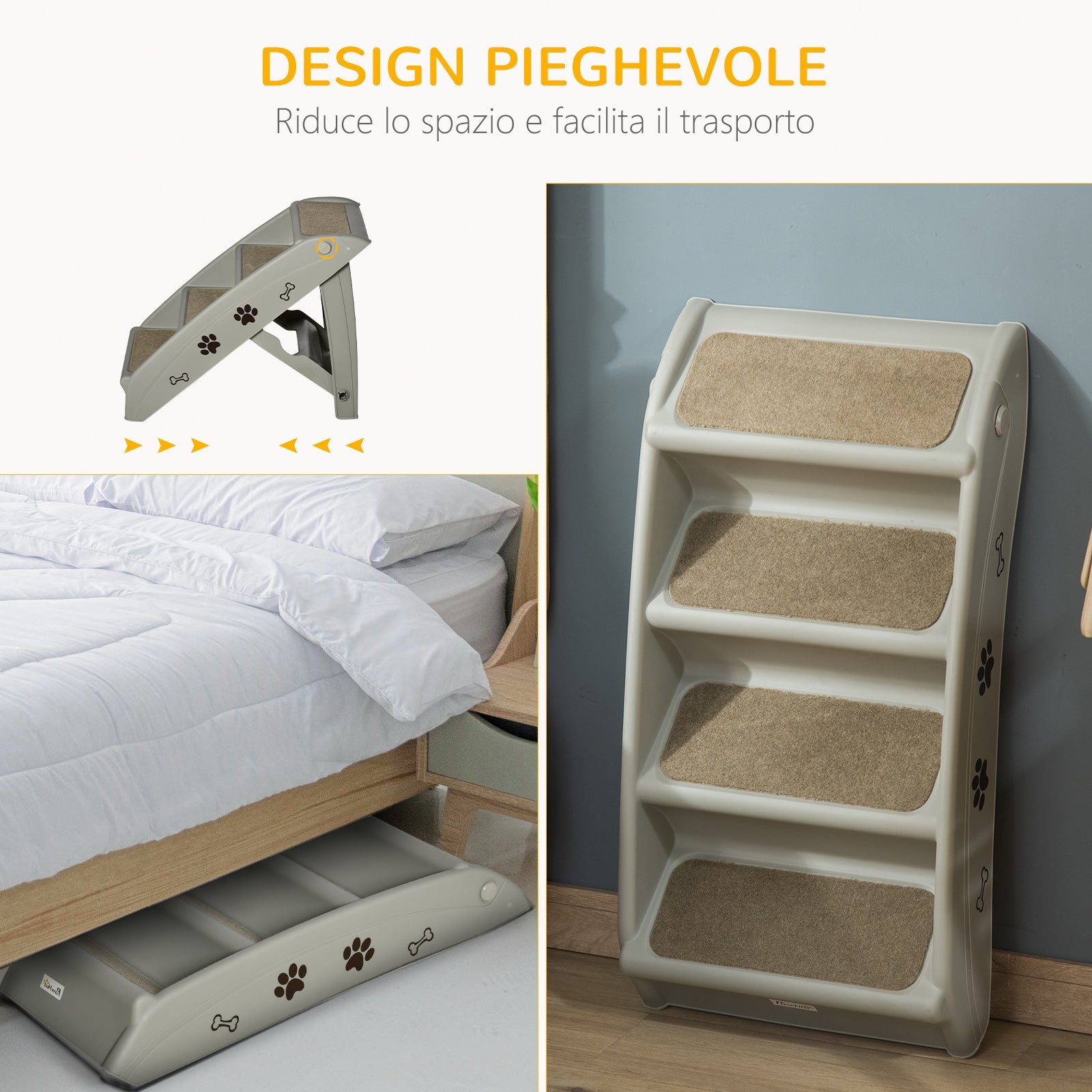 Scaletta per Cani Pieghevole 4 Gradini 67x38x49,5 cm in Plastica Grigio