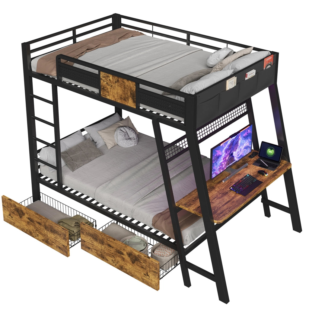 Letto a castello 90x200 cm con scrivania; LED e vani portaoggetti in metallo nero
