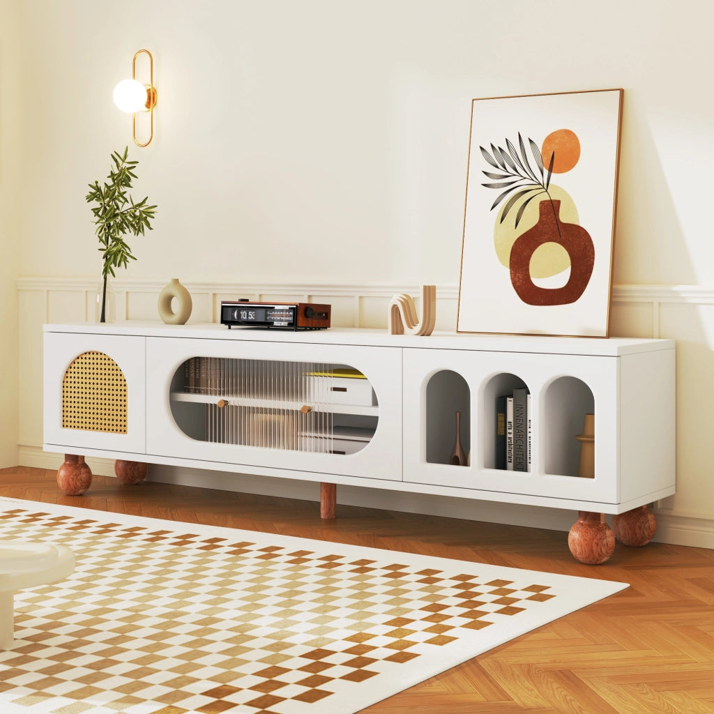 OKWISH Mobile TV con Ante Decorative e 3 Vani Aperti, Anta Scorrevole in Vetro, per Soggiorno, 170 x 47 x 37 cm