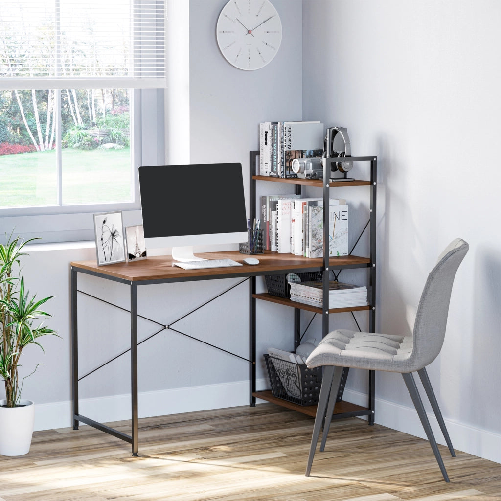 Scrivania angolare con libreria ¨C Zephmum ¨C Legno noce e metallo nero 90x50x75 cm