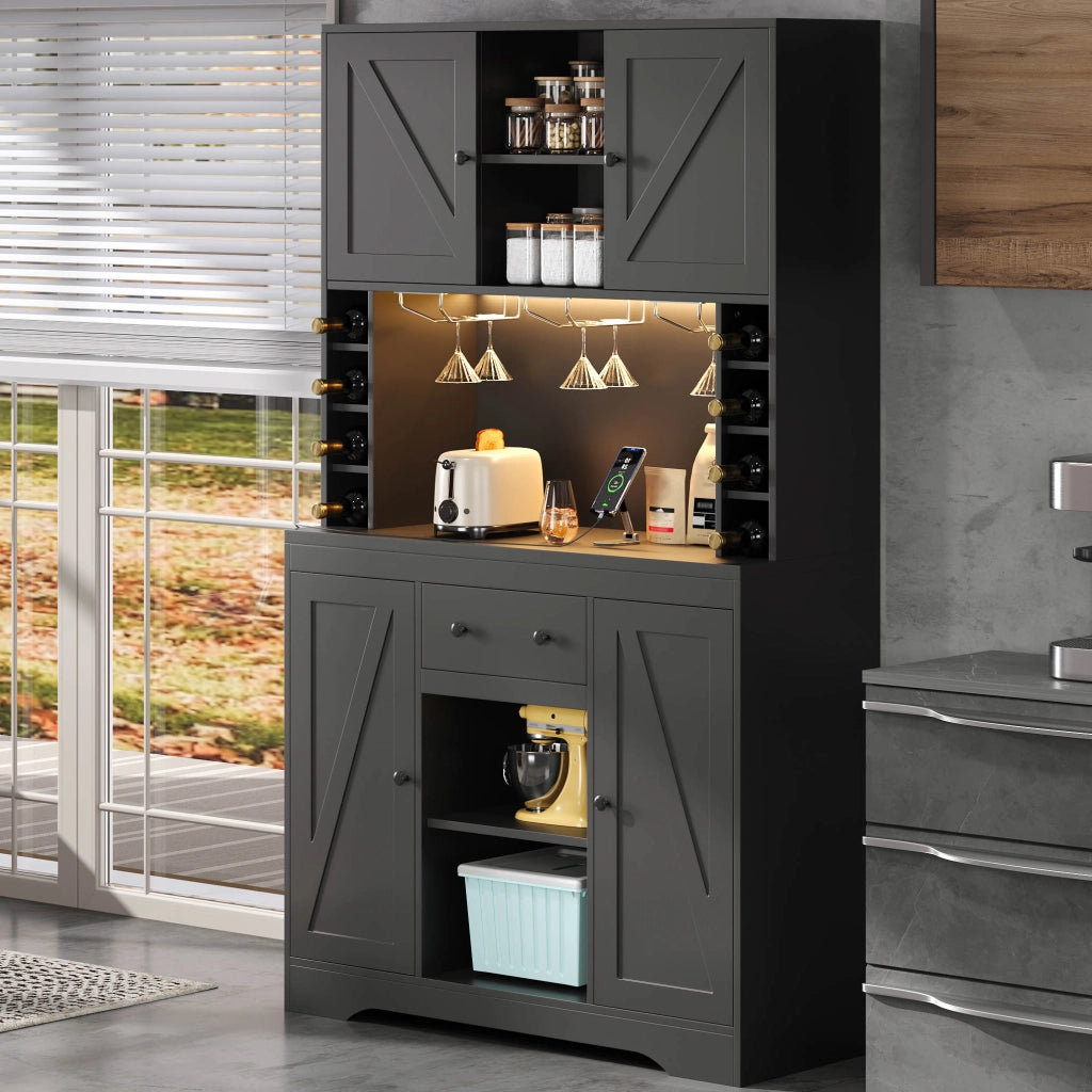 Credenza con ripiani regolabili; cassetto e LED - per cucina - in MDF - 105×40×180 cm - nera