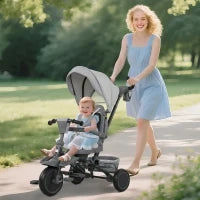 Triciclo Evolutivo 6 in 1 Pieghevole Seggiolino Girevole a 360° Maniglia Genitoriale Schienale Reclinabile Tettoia Grigio