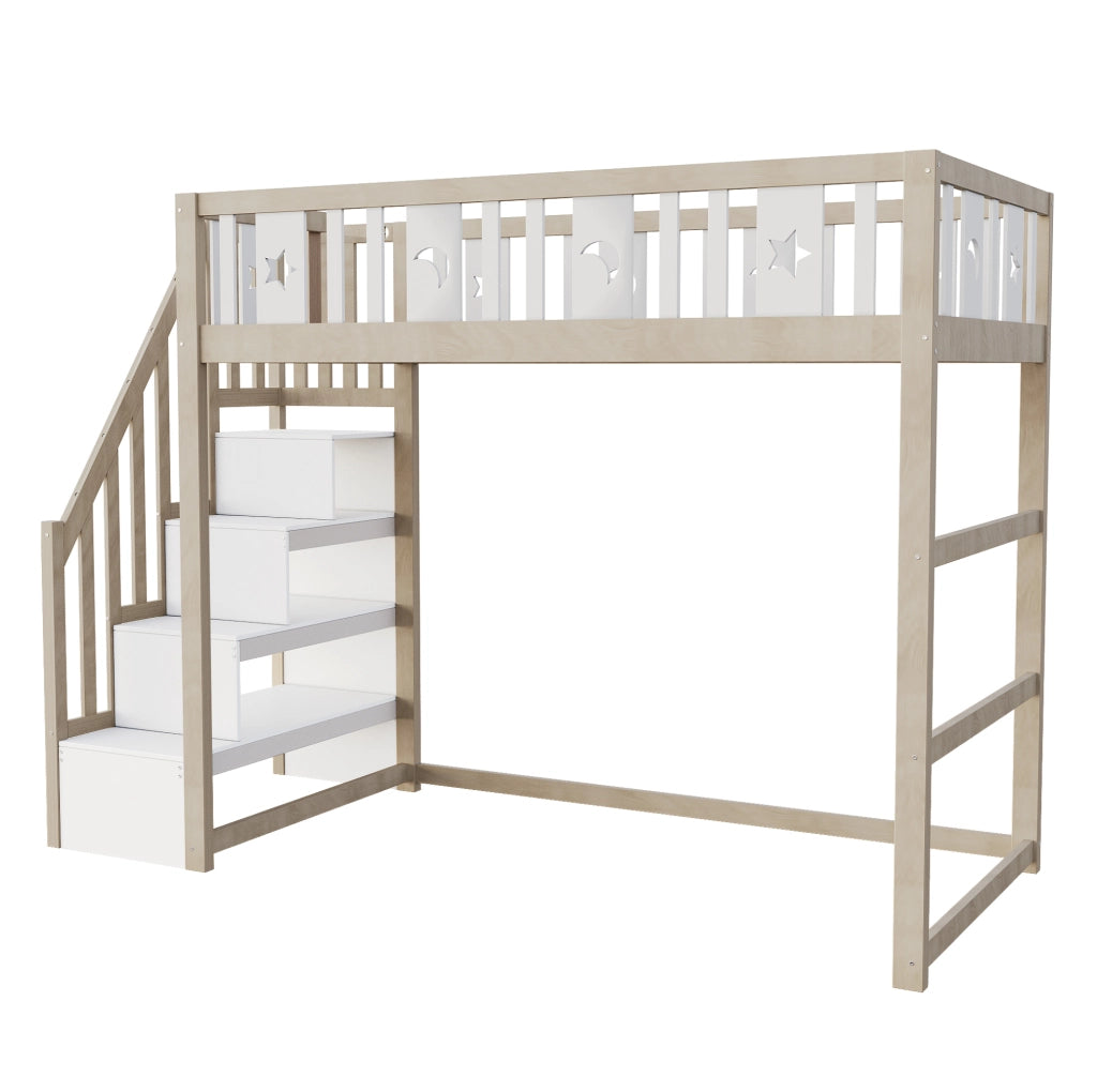 Letto a soppalco 90x200 cm bianco e naturale in legno con scala e ripiani