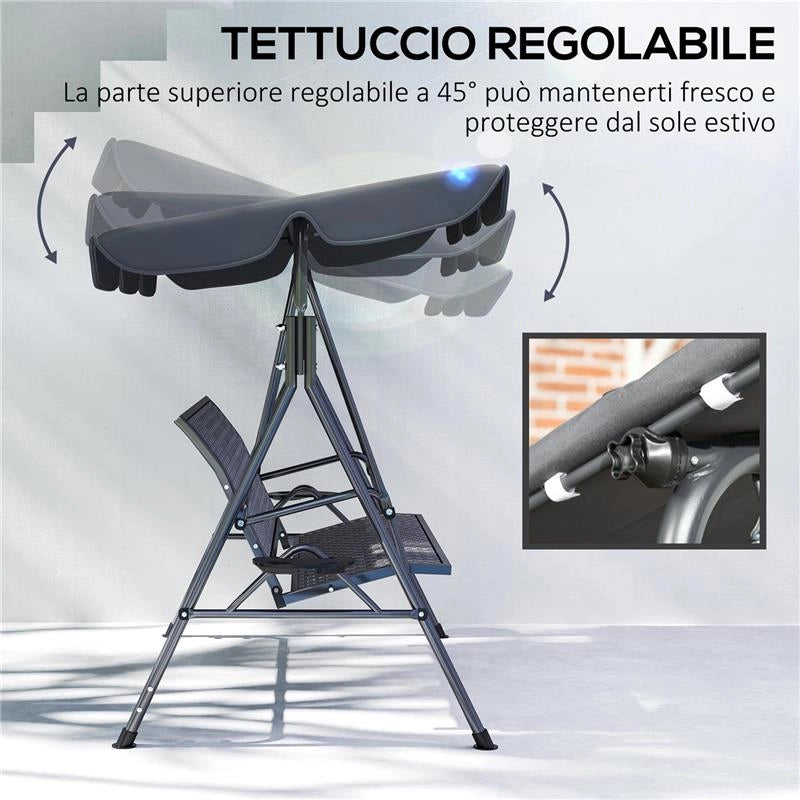 DONDOLO DA GIARDINO 3 POSTI IN RATTAN PE E ACCIAIO CON TETTUCCIO E PORTABICCHIERI, 204X112X150 CM, GRIGIO