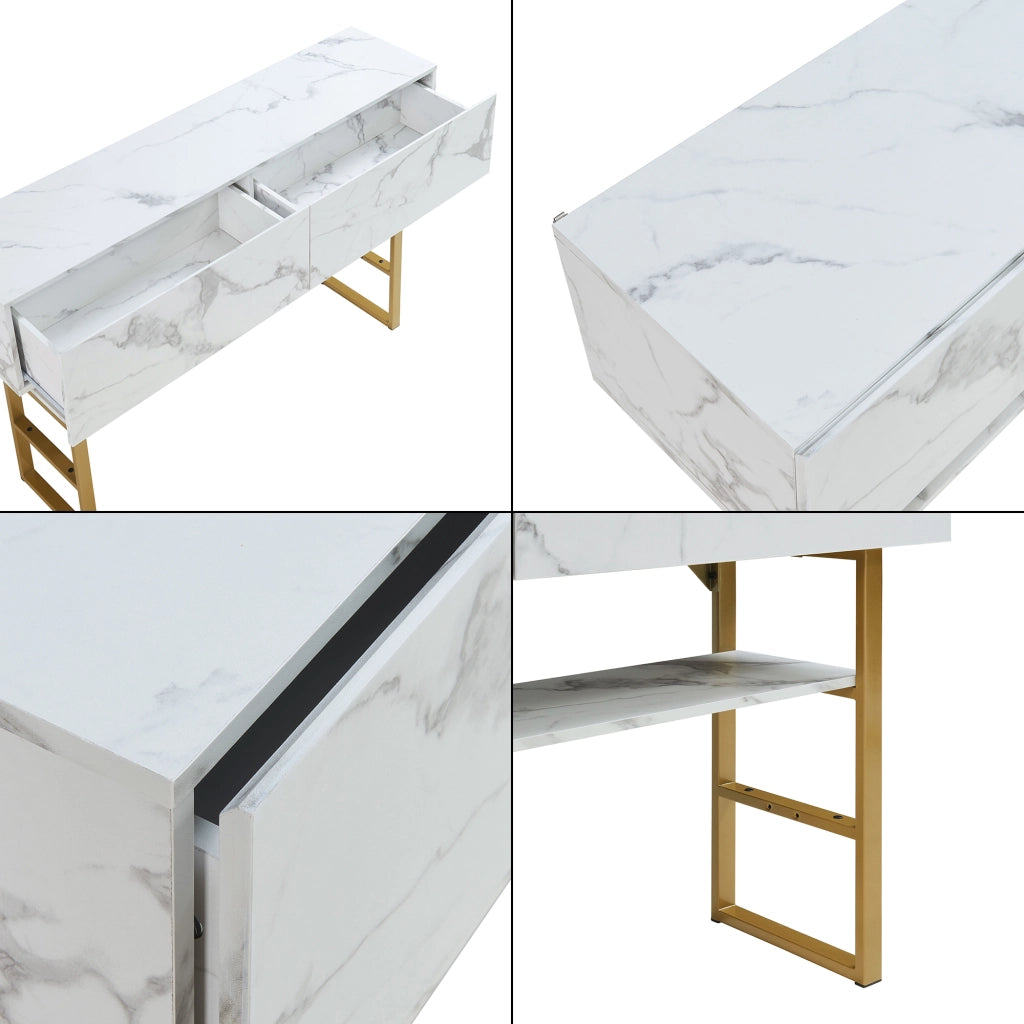 Tavolo Consolle Varberg con Cassetti e Ripiano 75 x 120 x 30 cm - Effetto Marmo Bianco [en.casa]