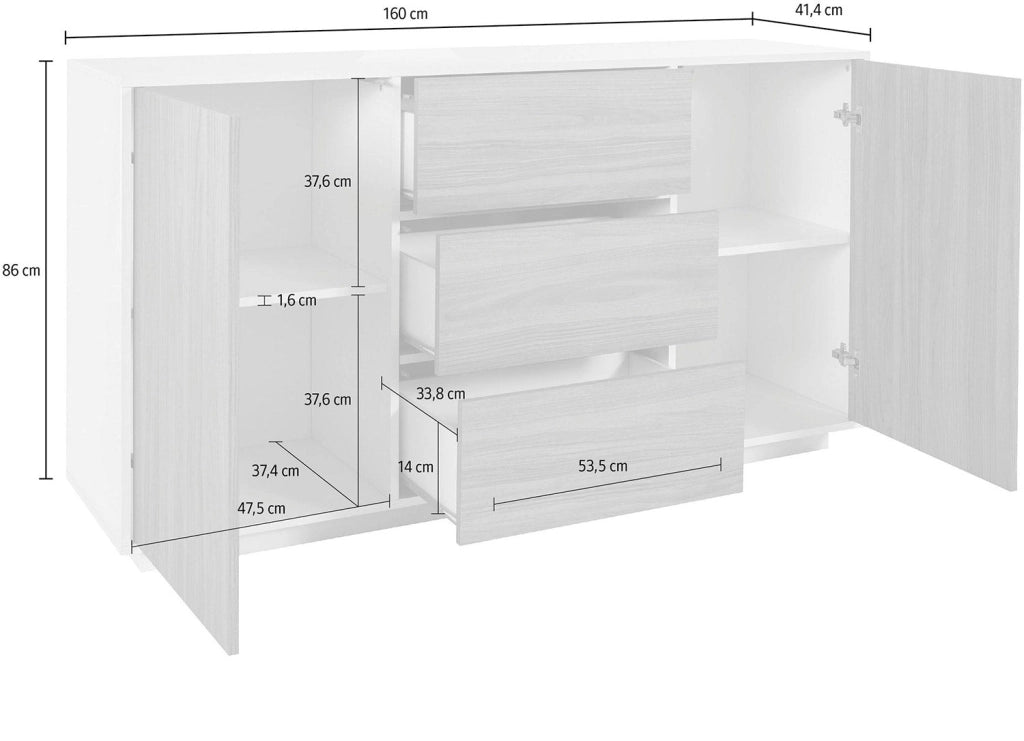 Credenza 2 Ante + 3 Cassetti 160x41,4x86 cm Bloom Grigio Antracite Laccato Lucido