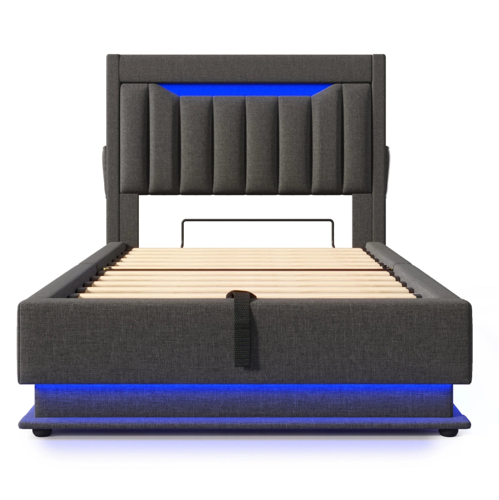 Letto singolo 90x200 cm in lino grigio con LED; USB; Type-C e contenitore idraulico