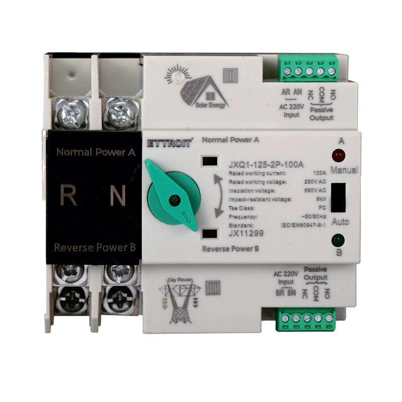ATS Commutatore di Trasferimento Automatico Fotovoltaico 2P 4M Doppio Alimentazione 100A AC 230V IP20 IEC60947-6-1