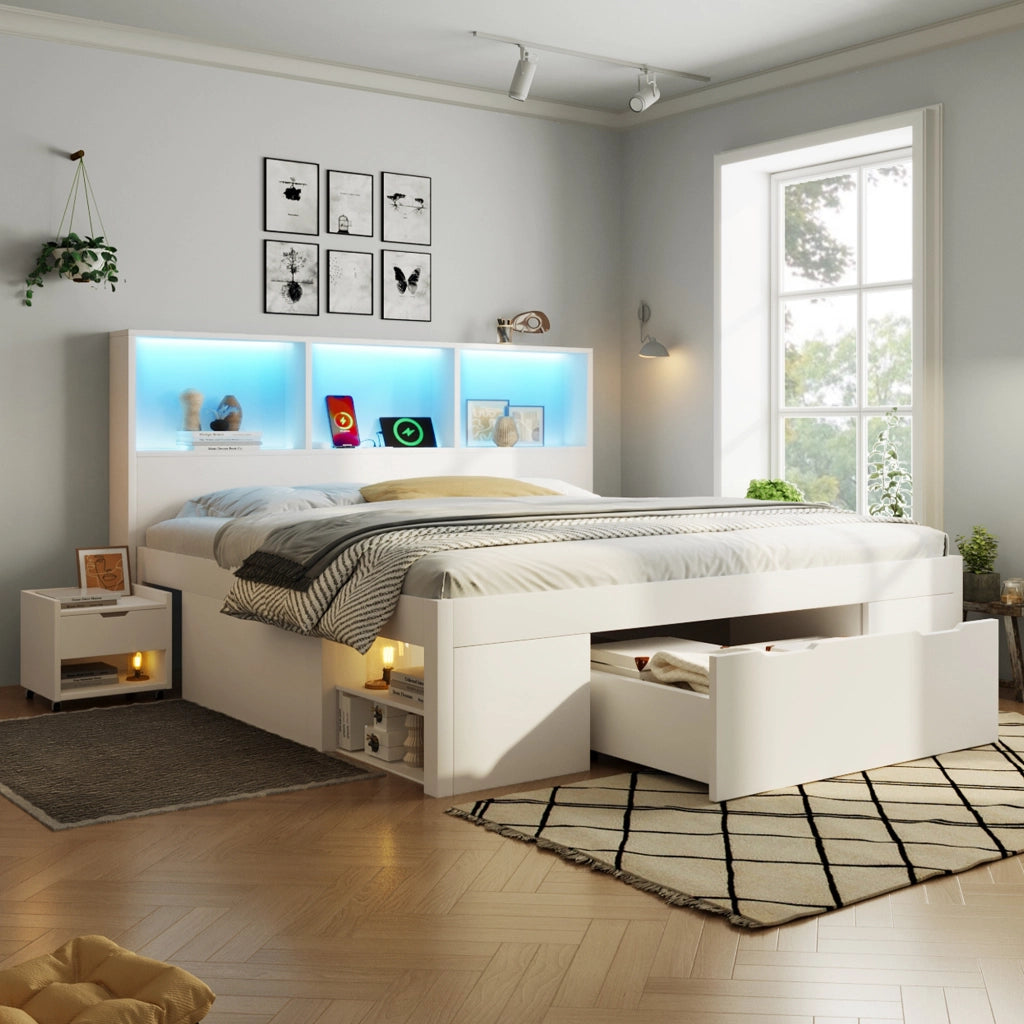 Letto Matrimoniale 140x200 cm; Contenitore; 2 Comodini Mobili; LED; USB Type-C in Legno Bianco